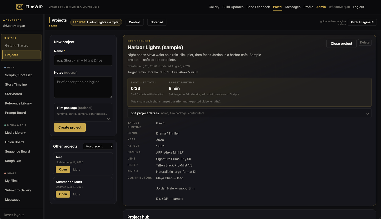 Projects: Harbor Lights sample hub with package fields and tool cards