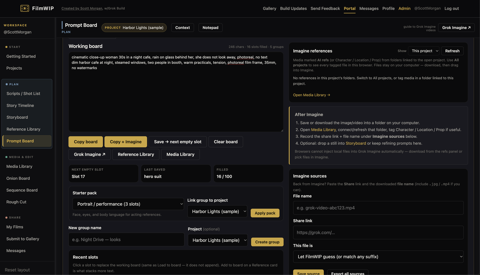 Prompt Board: working board, slots, and Imagine references