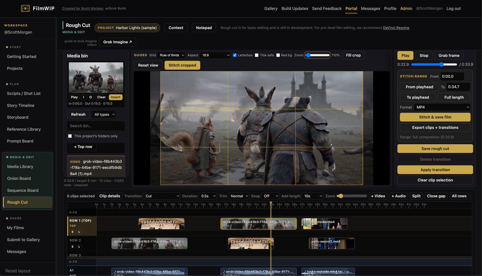 Rough Cut: multi-row timeline, program viewer, and media bin