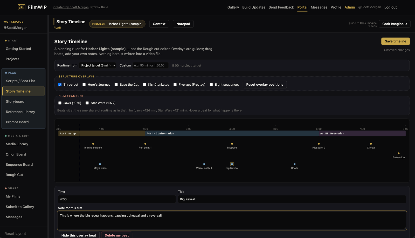 Story Timeline: runtime ruler with structure overlays and beats